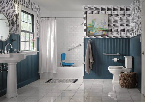 Freestanding Bathroom Shower Chair With 250 Pound Capacity in modern bathroom with blue and white tiles, seen near tub