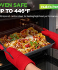Lasagna in Deluxe Nonstick Bakeware Set 8 Piece Kitchen Pan Collection With Pizza Pan, Round Pans, Square Pan, Loaf Pan, Large Cookie Sheet, And 12 Cup Muffin Pan, Gray Inside Outside Coating, Red Silicone Handles, Commercial Grade Carbon Steel