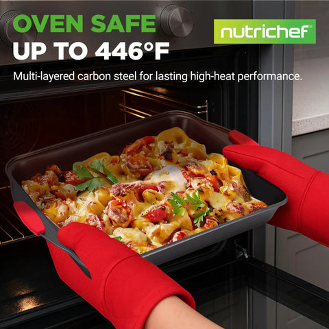 Lasagna in Deluxe Nonstick Bakeware Set 8 Piece Kitchen Pan Collection With Pizza Pan, Round Pans, Square Pan, Loaf Pan, Large Cookie Sheet, And 12 Cup Muffin Pan, Gray Inside Outside Coating, Red Silicone Handles, Commercial Grade Carbon Steel
