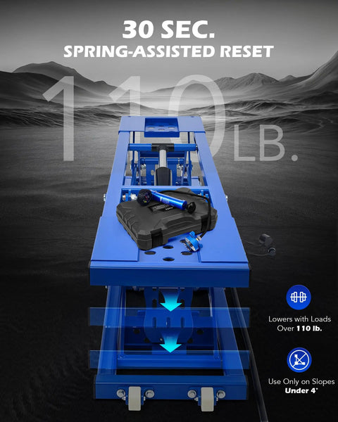 Front view of Beefy 7000-Lb Portable Car Lift With Auto Lock, shown with spring-assisted reset and blue frame.