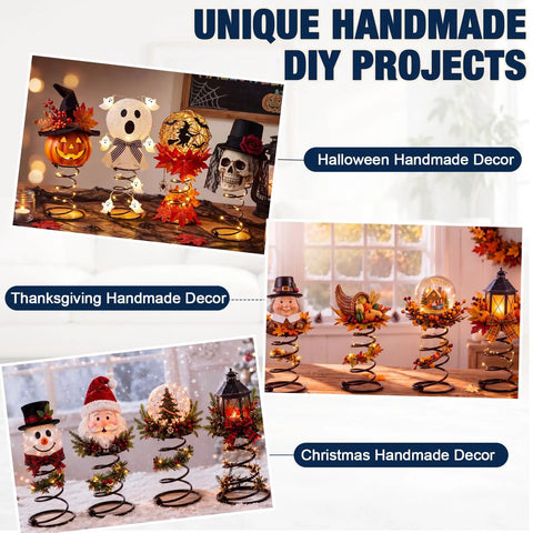 Unique handmade DIY projects featuring Halloween, Thanksgiving, and Christmas decor on coil springs.