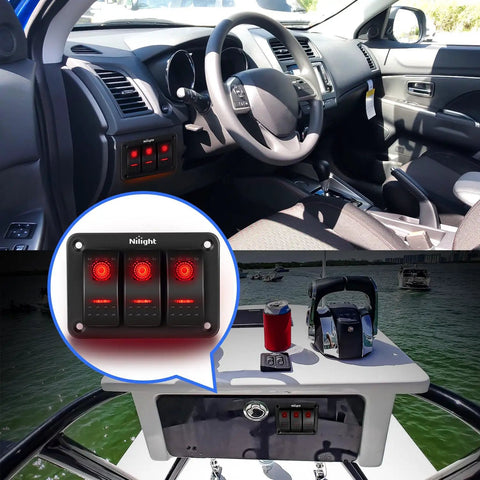 Three Gang Aluminum Rocker Switch Panel with Prewired Harness and Red Backlit Night Glow in car and boat setup