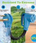 Nema 6-50P To 14-50R EV Charger Adapter Cord, 50 Amp with waterproof design for outdoor use, showing blue connectors against nature.