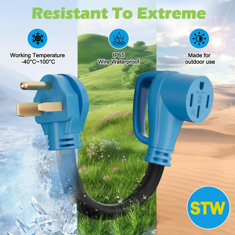 Nema 6-50P To 14-50R EV Charger Adapter Cord, 50 Amp with waterproof design for outdoor use, showing blue connectors against nature.
