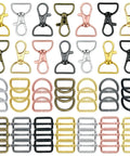 Killer Metal Bag Hardware Kit Featuring Twenty One D Rings Fourteen Swivel Snap Hooks And Twenty One Slide Buckles For Leather Stitching And Purse Making Crafts, assorted colors and sizes.