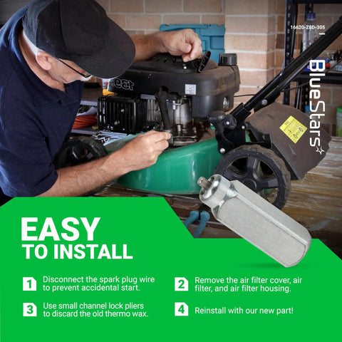 Man installing Thermowax Thermo Wax Assembly Direct Fit Replacement for Honda Mowers, instruction steps visible.