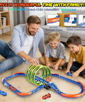 Family playing with Slot Car Race Track Set With Glow In The Dark Tracks, 71 Pieces, USB Rechargeable Light Up Car, 360 Degree Triple Loops