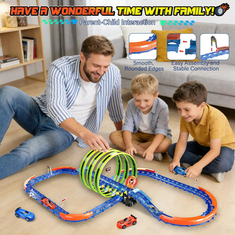 Family playing with Slot Car Race Track Set With Glow In The Dark Tracks, 71 Pieces, USB Rechargeable Light Up Car, 360 Degree Triple Loops