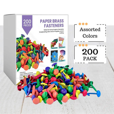 Assorted Color Round Head Craft Brads 200 Pack Top Tier Plated Metal Fasteners For Scrapbooking with multicolored brads displayed.