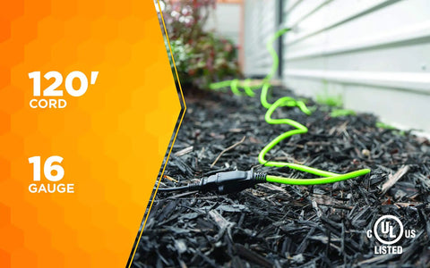 Outdoor Extension Cord For Yard Work, Flexible Weatherproof 16 Gauge SJTW, 2 Prong Power, 120 Foot Lime Green Cable in garden