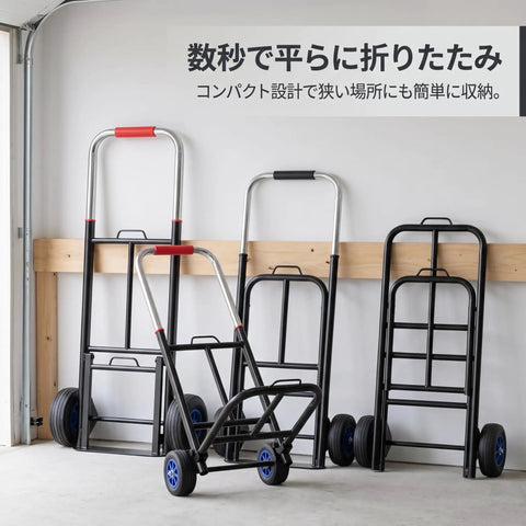 Folding Hand Truck Portable Cart With Heavy Duty Iron Frame And Smooth Rolling Rubber Wheels Quick Fold Design Medium Size 22mm Pipe Diameter Straps For Secure Hauling, folded and standing