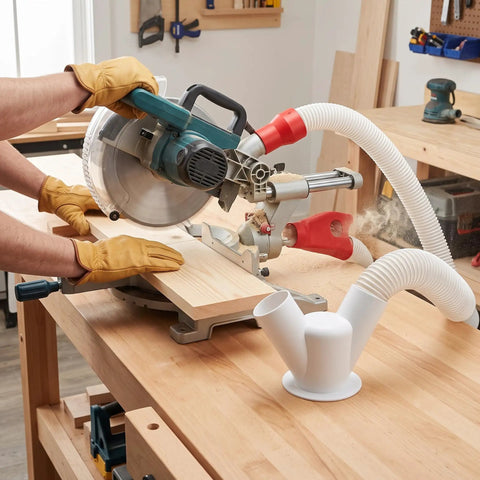 Heavy Duty Red Dust Hood For Machinery And Automatic Dust Collection Systems mounted on a miter saw capturing sawdust.