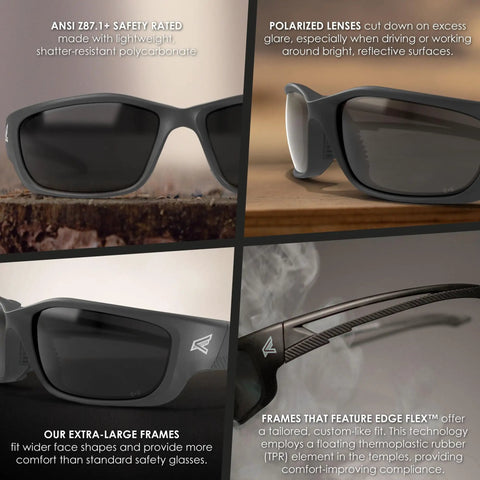 XL Wide Fit Polarized Wrap Around Safety Glasses Black Frame Smoke Lens close-up of frame and edge flex design