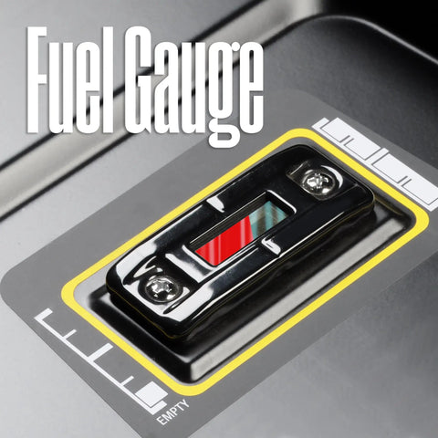 Close-up of fuel gauge on Dual Fuel Home Backup Generator With Remote Start, Transfer Switch Ready, Gas Or Propane Power, CO Sensor.