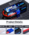 Hard Case 2S 5200mAh 7.4V 50C Lipo Battery With EC5 Plug for 1/8 and 1/10 RC cars, buggies, and truggies dual pack
