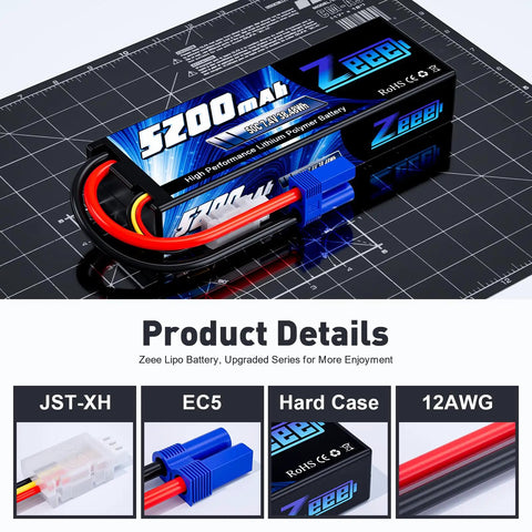 Hard Case 2S 5200mAh 7.4V 50C Lipo Battery With EC5 Plug for 1/8 and 1/10 RC cars, buggies, and truggies dual pack