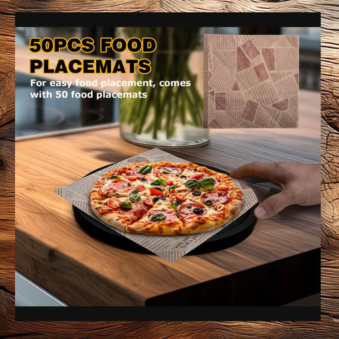 Hand placing pizza on tabletop with two pack 10.8 inch tabletop fire pit mats set for Solo Stove Mesa and Mesa XL heat resistant pine wood mats for outdoor fire pit includes 50 placemats in black displayed