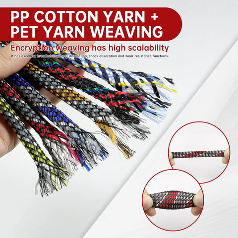 Close-up of Braided Wire Sleeve Set For Cable Protection And Wire Management showing colorful PET cotton blend fibers.
