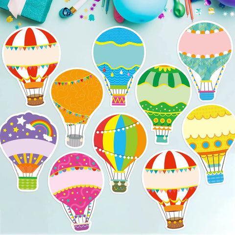 Colorful Hot Air Balloon Cutouts Set for Classroom Decor 36 Pieces in 9 Designs with Glue Dots Awesome Kid Friendly Bulletin Board Decor
