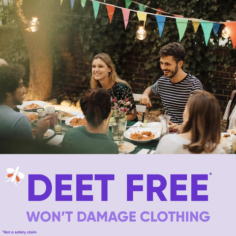 Outdoor dinner with friends featuring DEET free 20 Percent Picaridin Insect Repellent Aerosol Fragrance Free Formula Delivers Long Lasting Mosquito Tick And Fly Protection Without DEET For Camping Hiking And Outdoor Adventures 5 Oz.