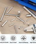 Rock Solid 316 Stainless Steel Dowel Pins Plus Hella Tough Cylindrical Shelf Support Pegs on wooden surface with caliper for measurement.