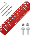 Top Rated 2 In 1 Shelf Pin Jig And Hinge Jig With 13 Alignment Holes For 1/4 Inch And 5mm Cabinet Hardware Drill Guide showing red aluminum template with drill bits and screws.