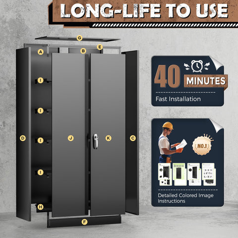Heavy Duty Metal Storage Cabinet With Adjustable Shelves For Garage Home Office Kitchen Pantry And File Storage Lockable Doors Built Tough In Solid Steel 72 Inches Tall Black, open with visible shelving system and instructions.