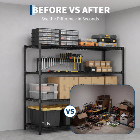 Heavy Duty Four Tier Wire Shelving Rack For Garage And Home Office Hella Sturdy Metal Storage Shelf organized with tools and bins.