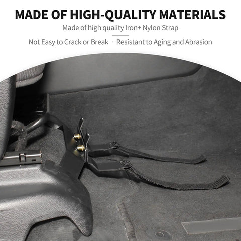 Under Front Seat Fire Extinguisher Bracket Mount for Dodge RAM 2018 to 2025 installed under seat, heavy-duty metal with nylon strap.