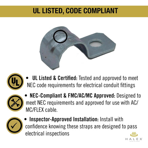 Heavy Duty 3/8 Inch Flexible Metal Conduit Strap With Knockout One Hole Grip For Secure AC MC Cable Mounting And No Sweat Wood Masonry Job Site Setup 200 Pack close-up of UL listed strap