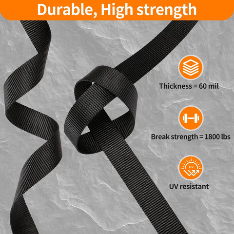 Heavy Duty 1 Inch Nylon Straps Kit With Quick Release Buckles, showing black webbing with specifications like thickness and strength