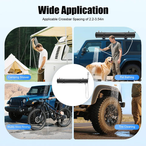 Self Pressurized Portable Car Shower System For Outdoor Rinse Camping Beach And Surf Trips Hiking And Fishing Off Road SUV And RV Ready 7.93 Gallon Water Capacity For Quick Cleanups used for camping, pet bathing, and tire cleaning.