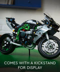 Ninja H2R Inspired Kawasaki Motorcycle Model Kit side view with kickstand, 1:8 scale for ages 10 and up, realistic detail.