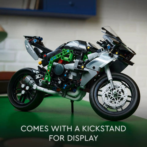 Ninja H2R Inspired Kawasaki Motorcycle Model Kit side view with kickstand, 1:8 scale for ages 10 and up, realistic detail.