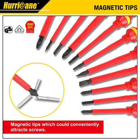 1000V Insulated Electrician Screwdriver Set, 13-Piece Pro Grade Magnetic Chrome-Vanadium Steel With Slotted, Phillips, Pozidriv And Torx Bits, Includes Electroprobe And Removable Handle, VDE And GS Certified For Safe Electrical Work