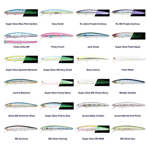 FlashMinnow 110 Ghost Series Saltwater Jerkbait collection in various colors, including 714 Metallic Sardine, for halibut and bass fishing.