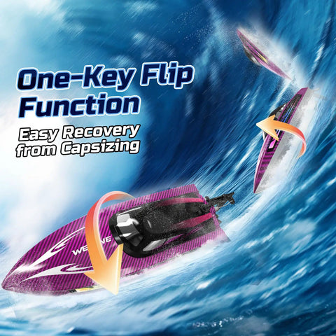 Fast Remote Control Boat For Adults With LED Lights And Self Righting, 15 MPH Racing RC Boat With 3 Speed Modes, Ideal For Pools And Lakes, Comes With 2 Rechargeable Batteries For 30-40 Minutes, Purple WF17 demonstrating self-righting feature in water.