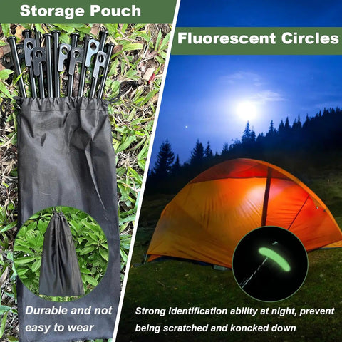 Heavy Duty Tent Stake Set 20 Pcs 16 Inch Forged Steel Stakes 0.35 Inch Diameter with storage pouch and fluorescent rings