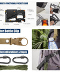 66 In 1 Outdoor Survival Kit With First Aid Fire Starter Knife And Compass includes pocket card, bottle clip, and carabiners.