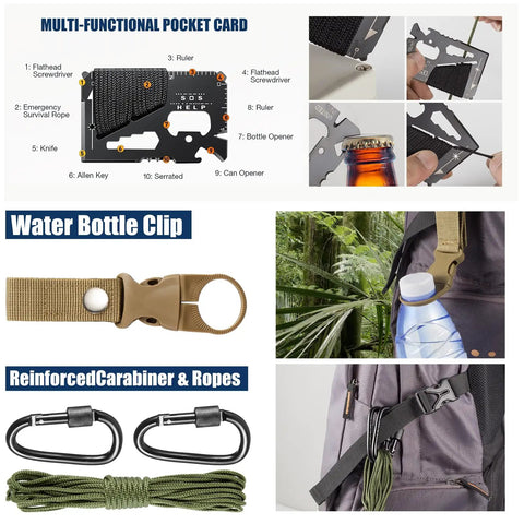 66 In 1 Outdoor Survival Kit With First Aid Fire Starter Knife And Compass includes pocket card, bottle clip, and carabiners.