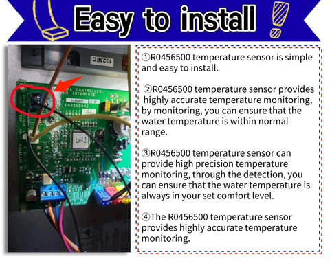 R0456500 temperature sensor wired to a pool heater control board; green PCB and blue terminal blocks visible