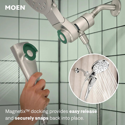 Slick Chrome Rain Showerhead And Dual Handshower Setup Featuring Three In One Spray Settings With Smooth Magnetic Docking For That Heavy Duty Bathroom Glow Up