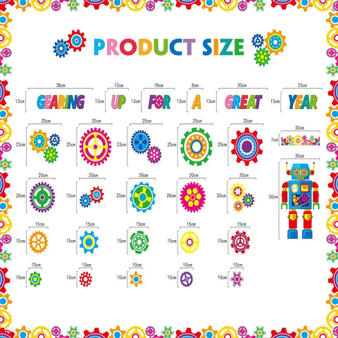 Gear Up Your Classroom With 52 Piece Robot Bulletin Board Set Featuring Gear Cutouts Robot Cutouts Bulletin Borders And Adhesive Dots Easy To Arrange For Back To School Science Themed Decor. Image shows colorful gear sizes and robot cutouts.