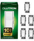 Diva LED Plus Dimmer Light Switch For Dimmable LED Halogen And Incandescent Bulbs 150 Watt Single-Pole Or 3-Way White With Smooth Flicker Free Dimming And Reliable Performance Five Pack DVCL-153P-WH-5 packaging and switches