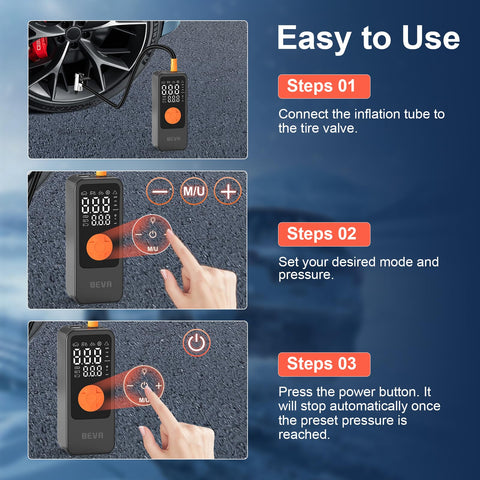 Portable Tire Inflator With Digital Pressure Gauge, 150 PSI Cordless Air Pump For Cars, Step-by-step usage instructions.