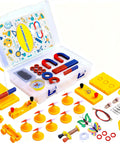 Open Electromagnetism Magnet Experiment Kit with bar, ring, horseshoe magnets, compass, and manual for hands-on experiments.