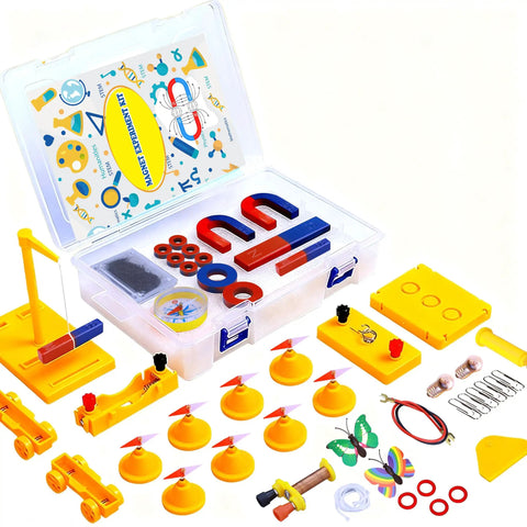 Open Electromagnetism Magnet Experiment Kit with bar, ring, horseshoe magnets, compass, and manual for hands-on experiments.