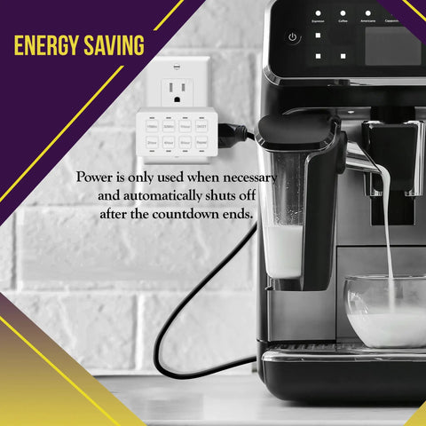 No Fuss Plug And Play Digital Outlet Timer Featuring An Eight Hour Countdown Switch With Daily Repeat Mode Bright Led Lights Sleek White Finish Zero Setup Required Truly Handy Indoor Switch For Everyday Home Gear used with a coffee machine.