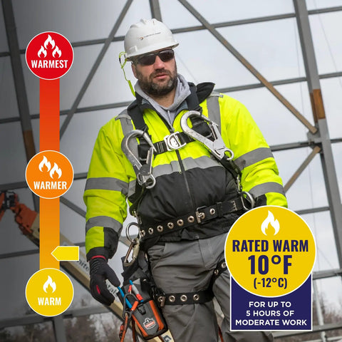 Hi Vis Reflective Winter Bomber Jacket With Zip Out Fleece Liner, Black Bottom, ANSI Compliant, worker in safety gear at a site