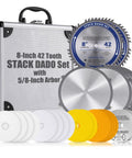 Top Shelf 8 Inch Stacked Dado Blade Set Packing 42 Razor Sharp Teeth And 24 Precision Shims For Standard Five Eight Inch Arbor Table Saws cuts displayed.